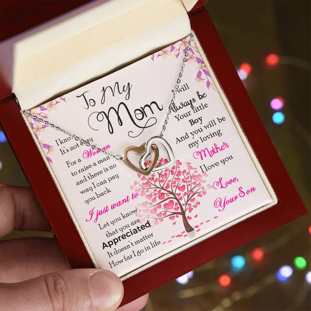 To My Mom “I Know It’s Not Easy” Interlocking Hearts Necklace